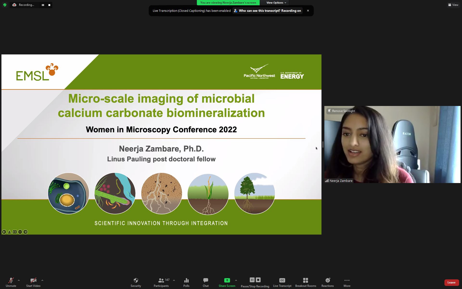Dr. Neerja Zambare, Linus Pauling Distinguished Post Doctoral Fellow, Environmental Molecular Sciences Laboratory, Pacific Northwest National Laboratory presenting her talk: "Micro-scale Imaging of Microbial Calcium Carbonate Biomineralization"