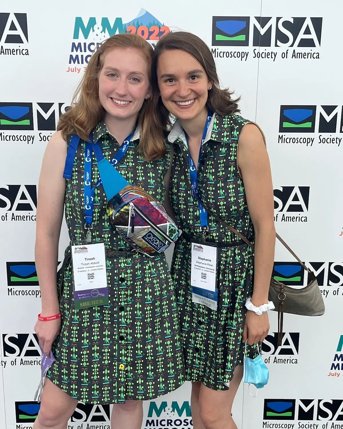 NUANCE EPIC Facility SEM Lab Manager Tirzah Abbott with VPD Grad Student Stephanie Ribet; both in hand made one-of-a- kind dresses designed and sewn by Tirzah! Amazing!